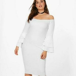 Boohoo Ivory Ruffle cuff off the shoulder dress